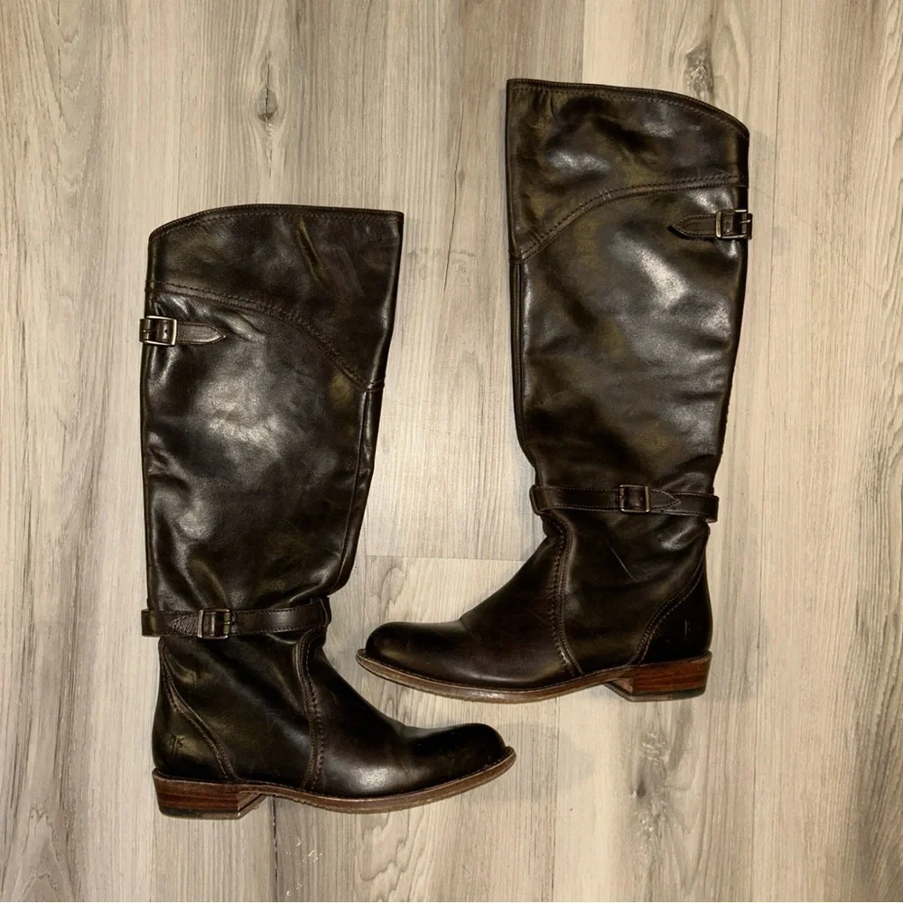 Frye VTG chocolate Brown Leather riding Boots with buckles